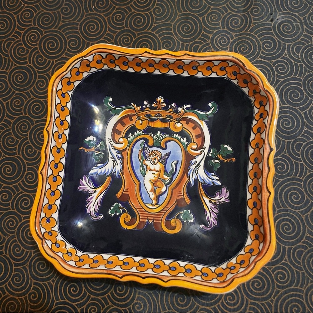 RENAISSANCE BLUE DECO, GIEN EARTHENWARE MANUFACTURE - French Antique Square Dish